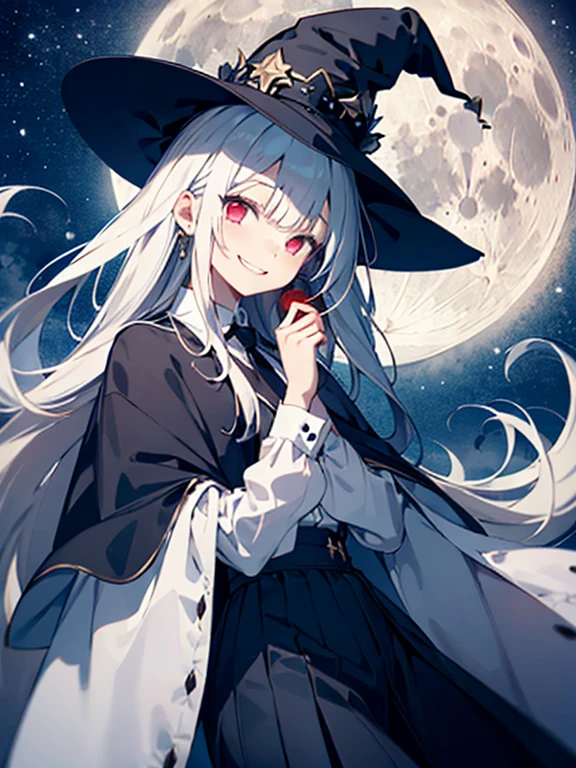 Young girl、human、The always smiling magician、big witch hat 、cute、Long white hair、Red eyes and hollow eyes、The bangs are heavy、Thin eyebrows、Fantasy、intake、Double teeth、Star motif、Seiza motif、Monochrome clothing-style decoration、Cape、A little dark atmosphere、A little crazy smile、Outside on a moonlit night、Big Moon、Blood return、Black star hair ornament、Short tie、No nails、High Waist Skirt、Flared sleeves、Long sleeve shirt、Black tie、Low exposure