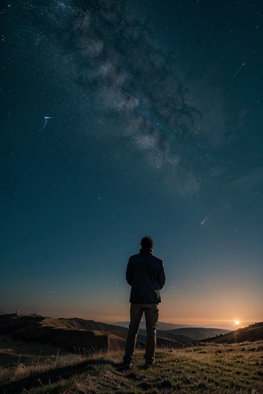 images of a man on a hill looking to the starry heavens (praying) under a full moon