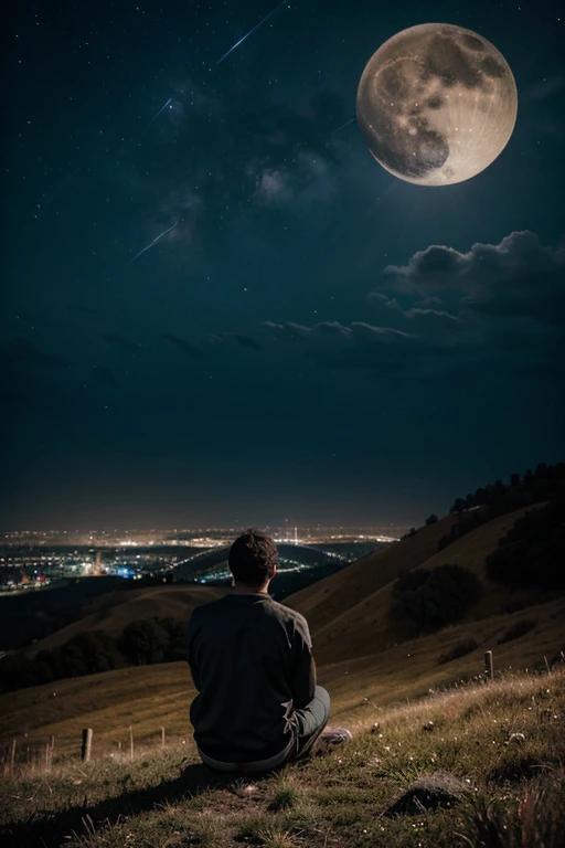 images of a man on a hill looking to the starry heavens (praying) under a full moon