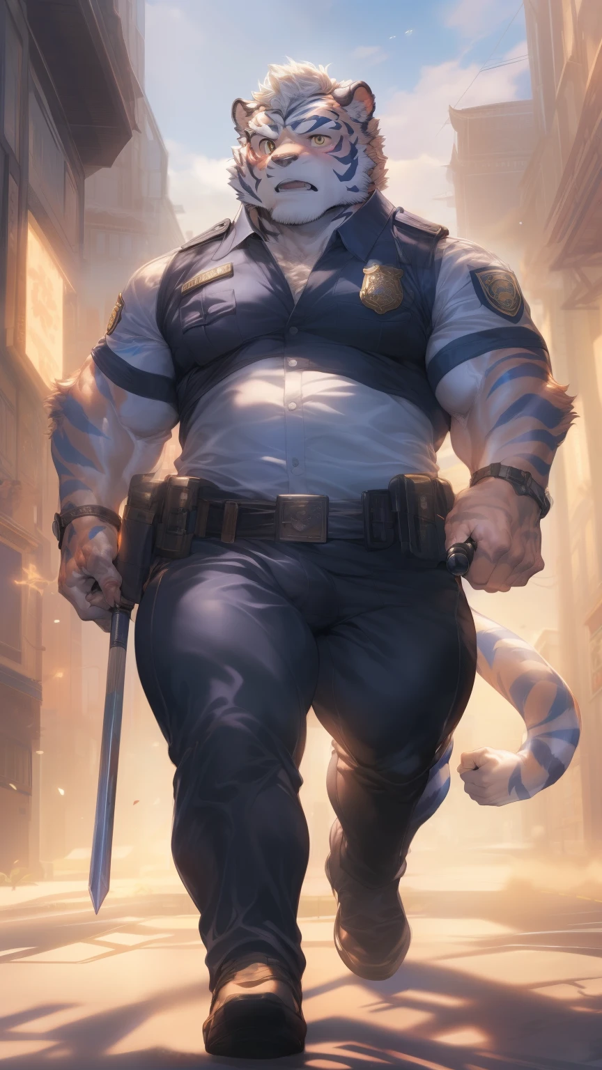 (through empty ghost, From thebigslick, through dark gems, Will chase), Keyuan Tower (Onmyoji Daisenji Temple), High quality photos, Perfect anatomical structure, Anthropomorphic white tiger, Men, 26 years old, thick eyebrows, (short hair:1.5), Light blue stripes, tall, Black tight police uniform, Open neckline, Black leggings, Small bump, Holding a baton, Pointing straight ahead, Standing on the streets of a metropolis, Angry expression, blush, Golden pupils, Looking at the audience, Clear facial features, strong, Solitary, solo, Front view, Full body image, On the streets of a metropolis，Correct gestures