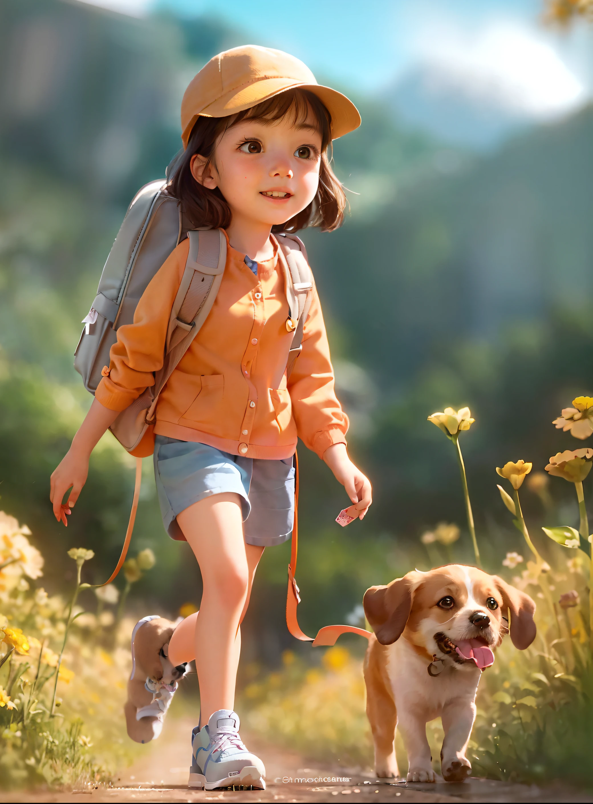 quickly: An incredibly charming little girl carrying a backpack, With her cute puppy, Enjoy a wonderful spring outing,Surrounded by beautiful yellow flowers and natural scenery. This illustration is a high-definition illustration with 4k resolution, Features highly detailed facial features and cartoon-style visuals.