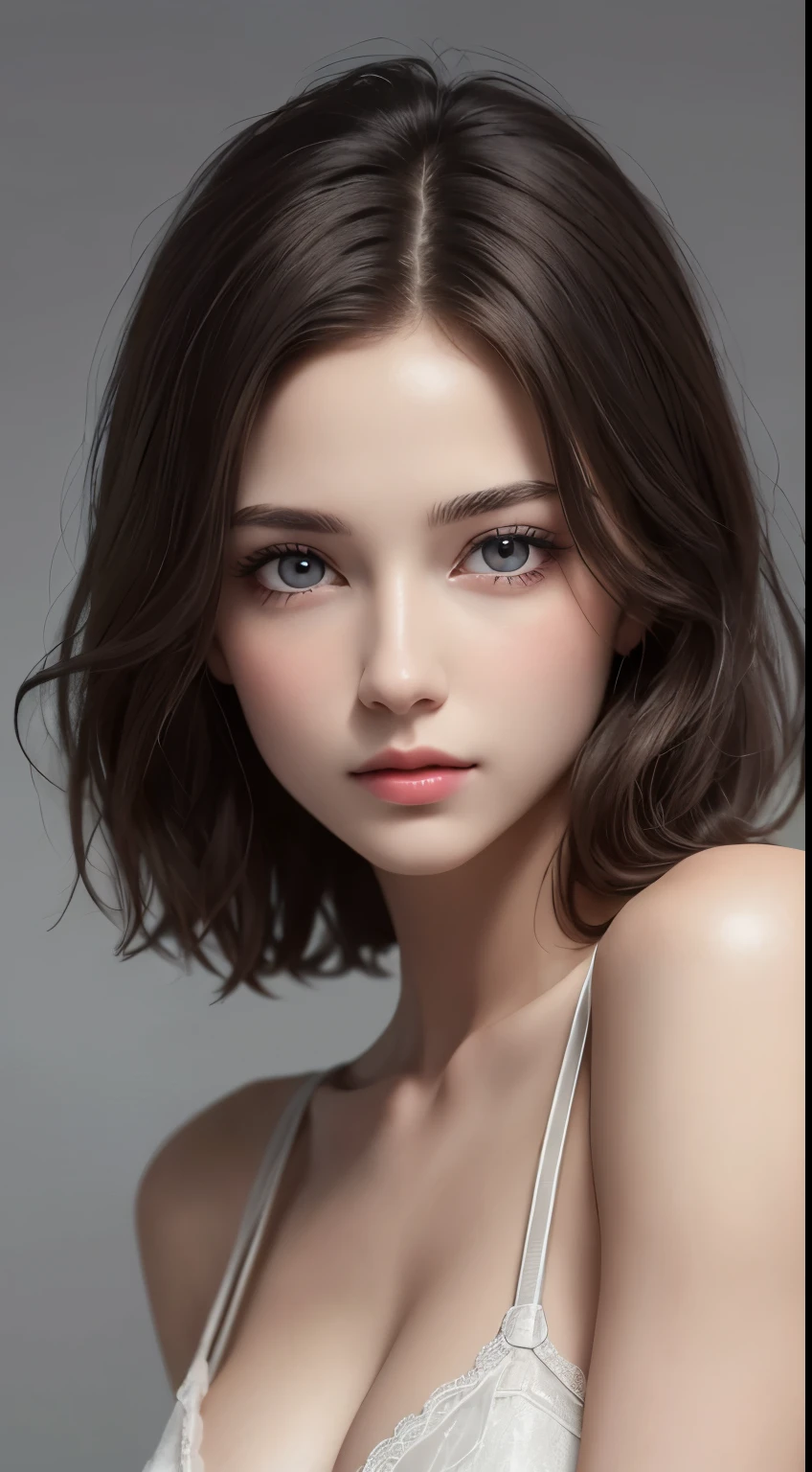 8K uhd、RAWphotograph、モデルphotograph撮影、 European race、(masterpiece、highest quality、Photorealistic、High resolution、photograph:1.3)、Close-up、Focusing、Hot Model、slim、30 year old mature woman、Small face、No makeup、Short Hair、Dark Brown Hair、Fine beautiful eyes、Real Skin、(perfect body)、Detailed beautiful eyes、Glossy lips、Small breasts、Small breasts、Bust B cup、Realistic details、Cool beauty、Cool pose、Background gray、Plain grey background、