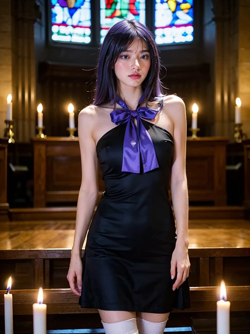 (1 lady), (Best quality at best:1.4), (ultra - detailed), (extremely detailed CG unified 16k), A Beautiful Woman with Perfect Figure: 1.4, Sharp Focus: 1.2, very detailed, High-definition RAW color photo, professional photoshooting, amazing face and eyes, cosmetics, (amazingly beautiful girl), ((frederica bernkastel)), ((purple bow, dress, frills, white kneehighs, kneehighs bow, mary janes, cat tail, tail ornament)), standing, sexyposture,(Dark and stylish cathedral, stained glass, altar, before the altar, candle lights, candle lights:1.3), (look from down), realistic cinematic face, head to feet long wide zoomed out view, full body long view, photorealistic, ((realistic natural purple hair style, purple eyes, long hair)), gorgeous, extremely beautiful face, perfect model beauty, pout mouth, Highly Detailed Face and Skin Texture, Detailed Eyes, Double Eyelids, Big Breasts, Smile, cleavages, western, (masterpiece), best quality, high resolution, extremely detailed, blurred background, depth of field, cinematic lighting, amazing legs, high heels, clear and well-cared skin,