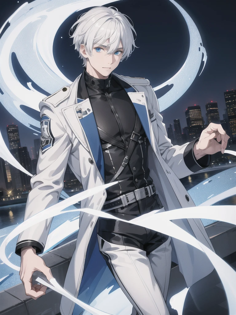 1boy, white hair, blue and white eyes, wearing jacket, night city, absurdres, high res, ultrasharp, 8K, masterpiece, looking at viewer