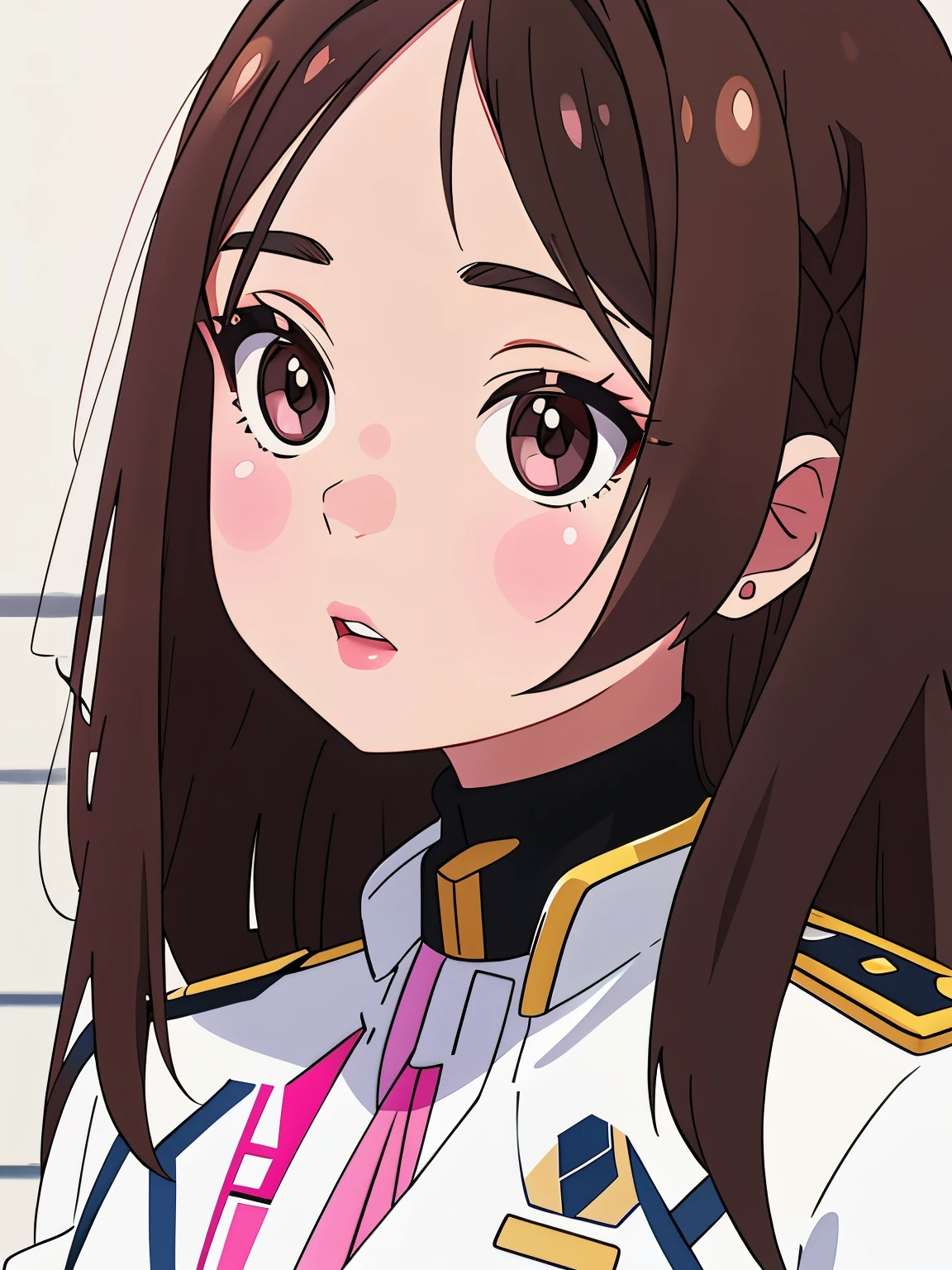 Girl, long brown hair, gray eyes, sharp features, white skin, pink lips, uniform