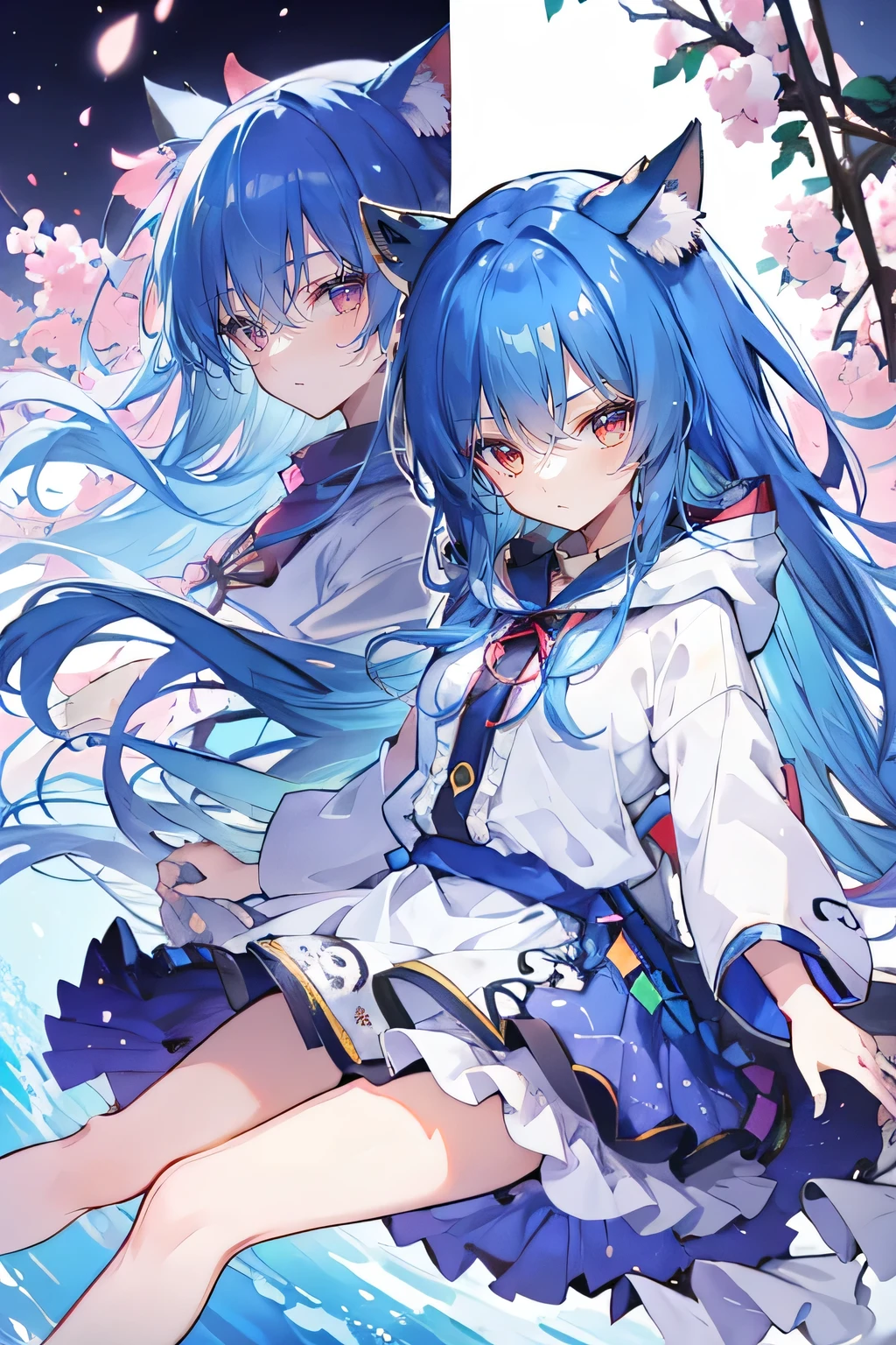(masterpiece:1.2),Super detailed,lifelike,Expressive eyes,fair skin,perfect face shape,1 girl,
Japanese comics,Gorgeous blue hair,flowing blue hair,flowing clothes,Cat ears,Petals fall,beautiful lola,Baby Angel,
Shaking head with one hand,Cross your legs,Gentle and peaceful background,The pavilion is cool and comfortable,smile, wearing hoodie, background of tokyo,back views,snowing, winter.
