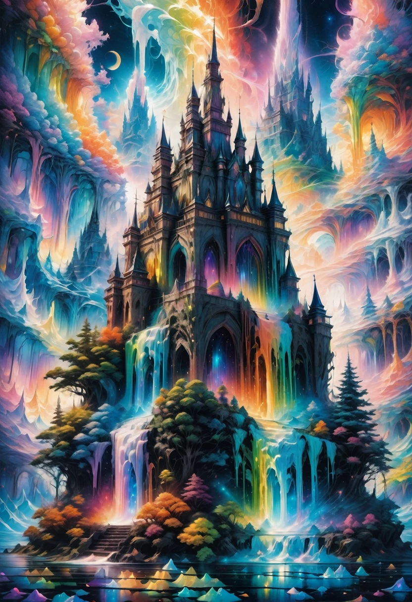 Dream Castle, aesthetic, Masterpiece, IcePunk! an rainbow ice castle made of rainbow ice sitting on top of an rainbow ice covered mountain :: magical moon shines overhead :: by Tim Burton Josephine Wall Monet Carne Griffiths :: 3d :: freeze time :: blue image :: dream :: it is emitting a bright glow :: frostbite :: the palace of AI :: gothic art :: magical realism :: fantasy castle :: surreal :: RAINBOW ICE"