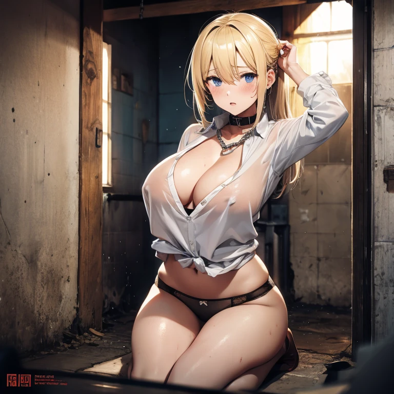 Blonde hair, abandoned prison, inside a cage, water-filled room, soaking wet woman, hands behind head, white shirt, black underwear, shackles, wet shirt, blushing, crying, tears, wearing a collar with a chain, legs spread, thighs, open chest, huge breasts