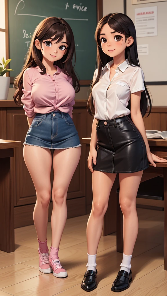Ultra realistic , two girls, obra maestra, mejor calidad, alta calidad, defined, detailed, HD, (piel morena), ojos definidos, ojos cafes intensos, long eyelashes, small mouth, sonrisa, :D, very long hair, pelo liso, pelo oscuro, cuerpo reducido, bosom barely contained, big breasts, sexy, posando foto, estudio, mini skirt rosa, sin sostenes, no bra, excitada, pezones erectos, libros, sentada, leyendo, nice view, full body, nice body, pink, camisa blanca, camisa ajustada, abierto, mojada, sudada, caliente, tight, sonrojada, nice legs, no socks, sin flequillo, peinada hacia atras, teacher big breasts, pose lasciva, girl changing clothes, petites, no skirts, nudes