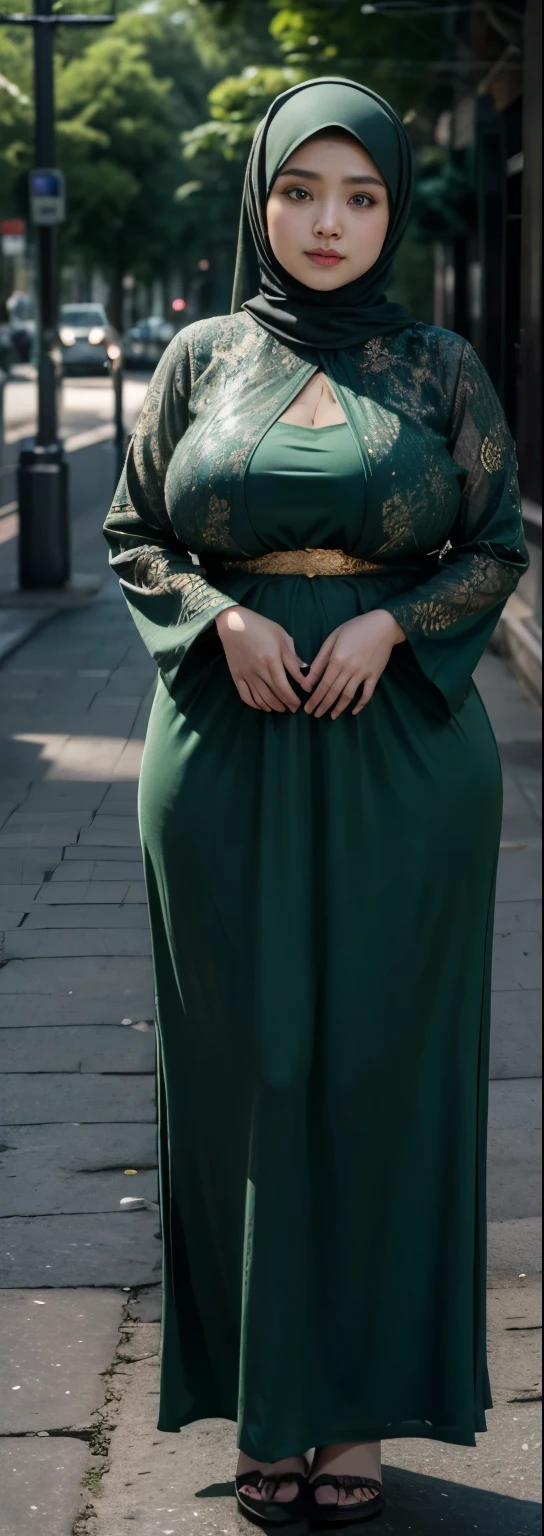1 malay girl, modern plain hijab, shy, medium portrait, watery eyes, wearing dark green kebaya, ((big breasts)), black bokeh background, well-proportioned body,, chubby massive thighs, full body pose, Hena art on the body, hena art on full body, slightly fat body , voluptuous body , curvy body