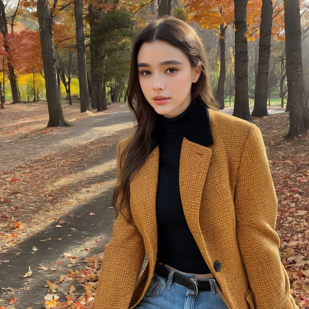 dasha_taran, colorful summer jacket, turtleneck, black denim jeans, edgy style, forest a array of autumn leaves on the ground, ((perfect eyes, detailed eyes,realistic eyes)), ((sharp face, detailed face, realistic face, naturtal skin, realistic skin, detailed skin, pores)), (masterpiece, best quality, ultra-detailed, best shadow), high contrast, (best illumination), ((cinematic light)), colorful, hyper detail, dramatic light, intricate details, (1 girl, solo) , ultra detailed artistic photography, dreamy, backlit, shadows, ultra high definition, 8k, ultra sharp focus, ultra high quality model, soft lighting, film photography, analogue photography, hyperrealism,