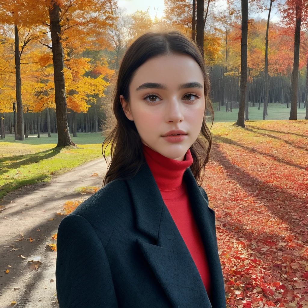 dasha_taran, colorful summer jacket, turtleneck, black denim jeans, edgy style, forest a array of autumn leaves on the ground, ((perfect eyes, detailed eyes,realistic eyes)), ((sharp face, detailed face, realistic face, naturtal skin, realistic skin, detailed skin, pores)), (masterpiece, best quality, ultra-detailed, best shadow), high contrast, (best illumination), ((cinematic light)), colorful, hyper detail, dramatic light, intricate details, (1 girl, solo) , ultra detailed artistic photography, dreamy, backlit, shadows, ultra high definition, 8k, ultra sharp focus, ultra high quality model, soft lighting, film photography, analogue photography, hyperrealism,