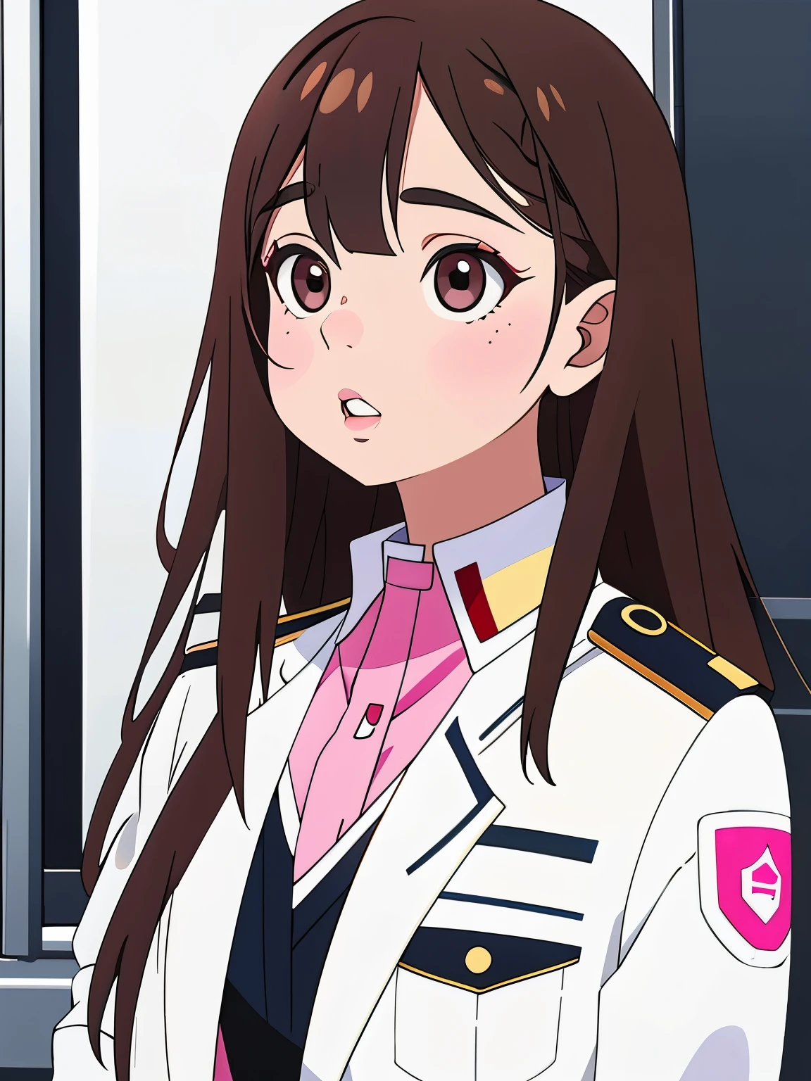 Girl, long brown hair, gray eyes, sharp features, white skin, pink lips, uniform
