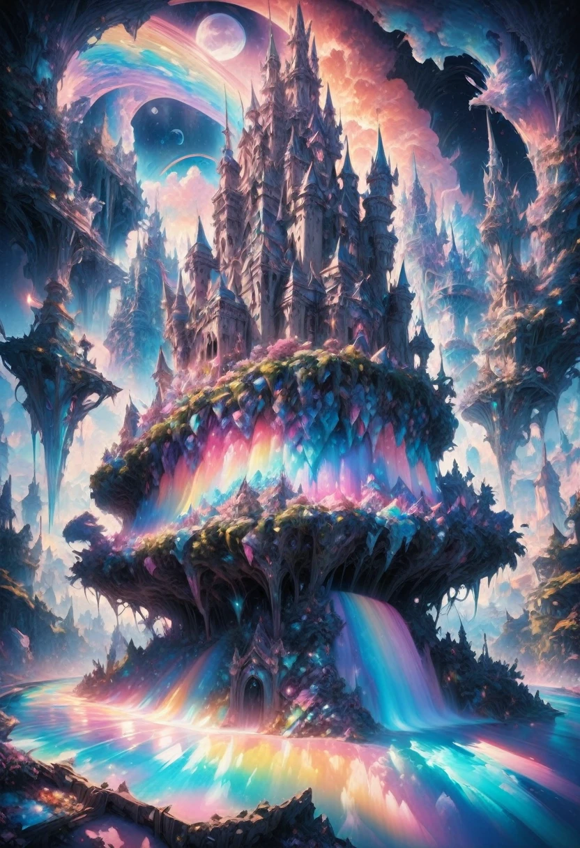 Dream Castle, aesthetic, Masterpiece, IcePunk! an rainbow ice castle made of rainbow ice sitting on top of an rainbow ice covered mountain :: magical moon shines overhead :: by Tim Burton Josephine Wall Monet Carne Griffiths :: 3d :: freeze time :: blue image :: dream :: it is emitting a bright glow :: frostbite :: the palace of AI :: gothic art :: magical realism :: fantasy castle :: surreal :: RAINBOW ICE"