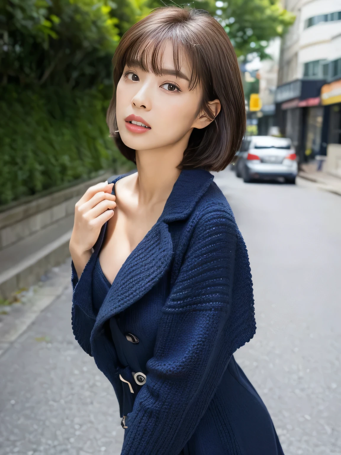 ((whole body from thighs:1.5)), ((Photorealism)),
((highest quality, 8k, masterpiece: 1.3)), Perfect body beauty: 1.4, (Breast A cup:1.5), Small breasts, Round shaped breasts, Perfectly shaped breasts, Highly detailed face, Beautiful woman, Slim face, Highly detailed face and skin texture, Highly detailed lips, highest quality, masterpiece, 超A high resolution, (Realistic:1.4),
((28 years old, Beautiful sister)),
((Put on a navy blue trench coat, Neat knitted dress, Carry a mini pouch over your shoulder, Do not expose skin:1.5)),
((Cute Earrings, Silver Necklace)),
((Stylish city street, Walking briskly, Get the attention of those around you, I can see your beautiful thighs:1.5)),
((Sexy atmosphere, Gaze seducing a man, hold out your lips, A sigh escapes:1.2)),
((Point slightly upwards)),
((Squint your eyes)),
((purse your lips:1.2)),
((Blushing:1.2)),
((Open your mouth a little to show your white teeth)),
((Body facing forward)),
((Breast enlargement, Beautiful breasts, Cover your chest with your palms)),
Narrow shoulders, Long, slender legs,
Ultra-detailed skin, Glossy Skin, Ultra detailed face,
Ultra-detailed eyes, Slit eyes, Brown eyes, double eyelid, Beautiful thin eyebrows, Thin, long eyelashes,
Ultra-detailed lips, Fuller lips, Glossy pink lips, Flushed Cheeks, White teeth,
Beautiful actress's languid make-up, Pink lipstick, Smoky eyeshadow, Eye foundation,
Dark brown hair, Delicate and soft hair, Hair blowing in the wind,
(Elegantly putting your hair up, short hair, Straight Hair:1.5), Layered Cut, (Blunt bangs:1.2),