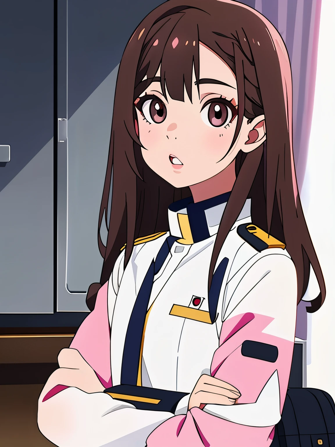 Girl, long brown hair, gray eyes, sharp features, white skin, pink lips, uniform