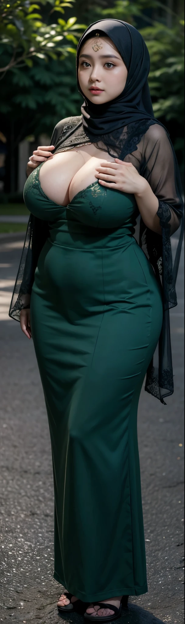 1 malay girl, modern plain hijab, shy, medium portrait, watery eyes, wearing dark green kebaya, ((big breasts)), black bokeh background, well-proportioned body,, chubby massive thighs, full body pose, Hena art on the body, hena art on full body, slightly fat body , voluptuous body , curvy body