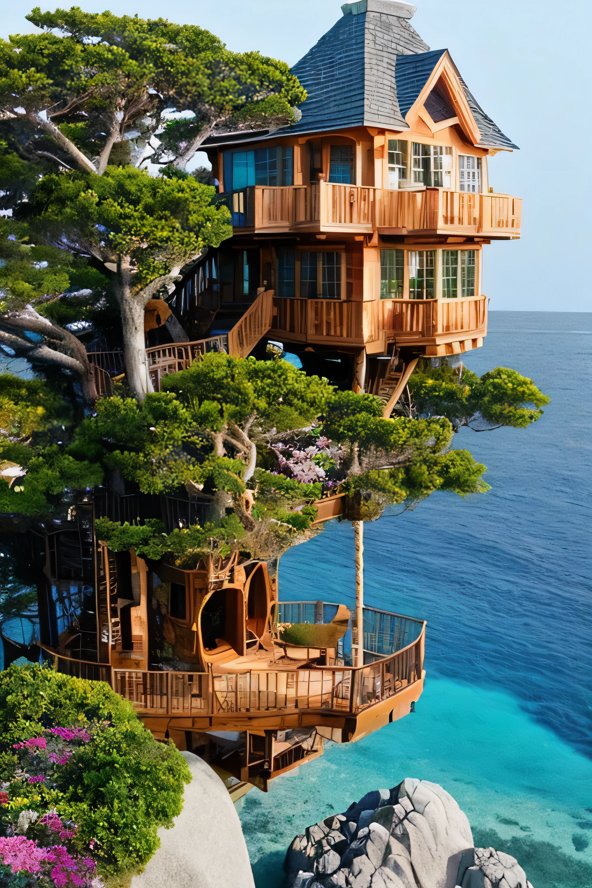 Perfection The Coolest tree house on a large rock in the middle of the sea with flowers in front of the house and trees on both sides of the house