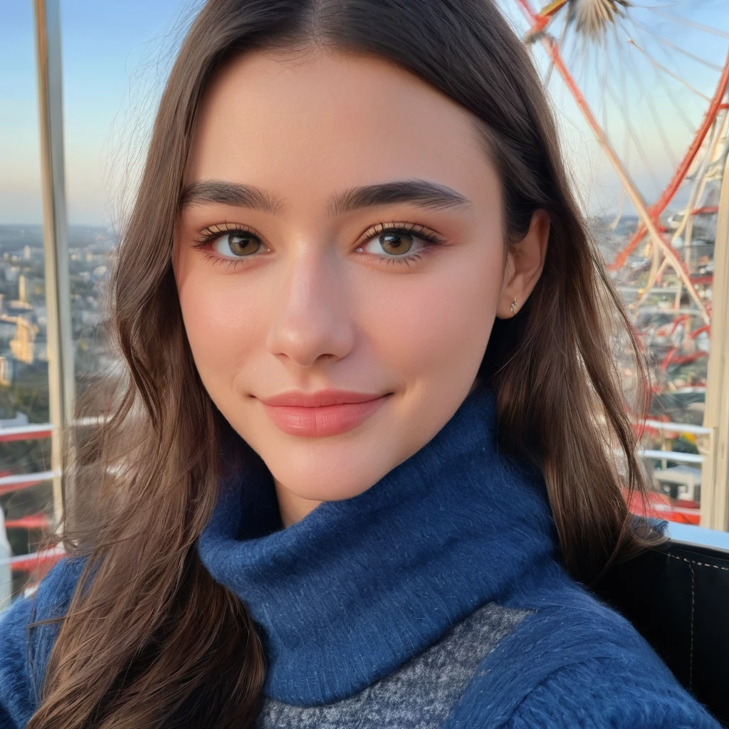 dasha_taran, Portrait of a woman, (close up),upper body, (( turtleneck sweater, leather jacket, blue jeans)), sitting in a ferris wheel, ((smiling)), long hair, floating hair, hair blows in the wind, windy, ((perfect eyes, detailed eyes,realistic eyes)), (masterpiece, best quality, ultra-detailed, best shadow), high contrast, (best illumination), ((cinematic light)), colorful, hyper detail, dramatic light, intricate details, (1 girl, solo) , ultra detailed artistic photography, dreamy, backlit, shadows, ultra high definition, 8k, ultra sharp focus, ultra high quality model, soft lighting, film photography, analogue photography, hyperrealism,, ((sharp face, detailed face, realistic face, naturtal skin, realistic skin, detailed skin, pores))