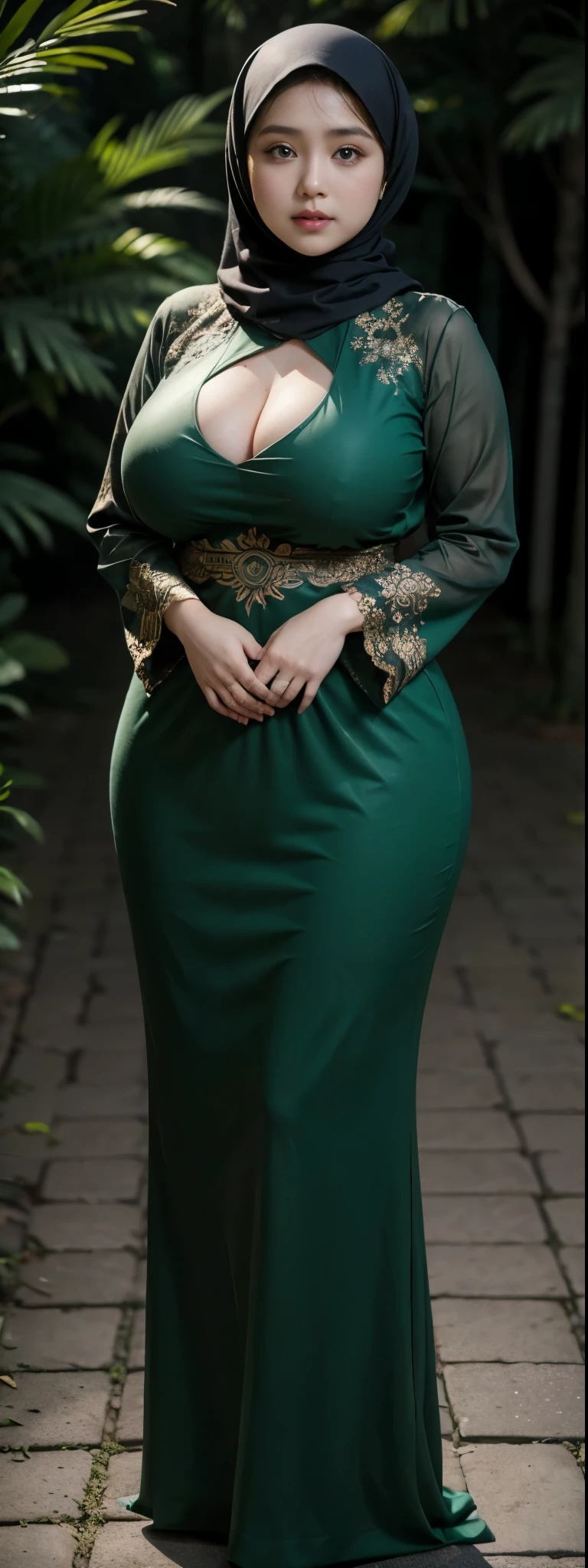 1 malay girl, modern plain hijab, shy, medium portrait, watery eyes, wearing dark green kebaya, ((big breasts)), black bokeh background, well-proportioned body,, chubby massive thighs, full body pose, Hena art on the body, hena art on full body, slightly fat body , voluptuous body , curvy body