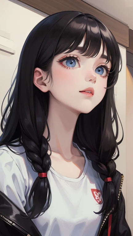 best quality, masterpiece, Black Hair, blue eyes, look up, Upper Body