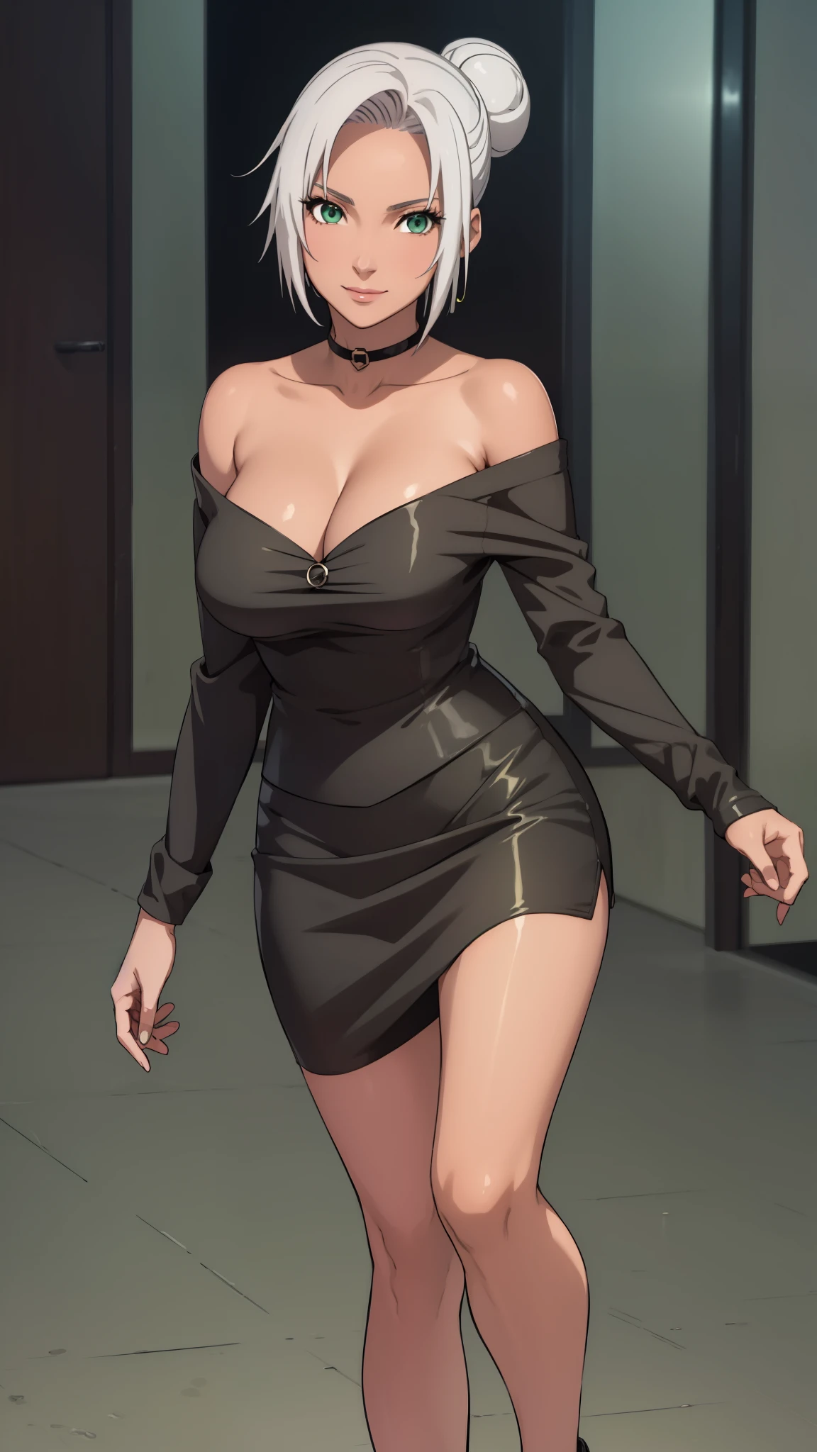 sexy black gala outfit, short skirt full body, cleavage, big breasts, sole girl, plum, Mabui, short detailed hair, (green eyes: 1.2), white hair, bun, dark-skinned woman, off-shoulder black outfit, smile, don't look at the camera,