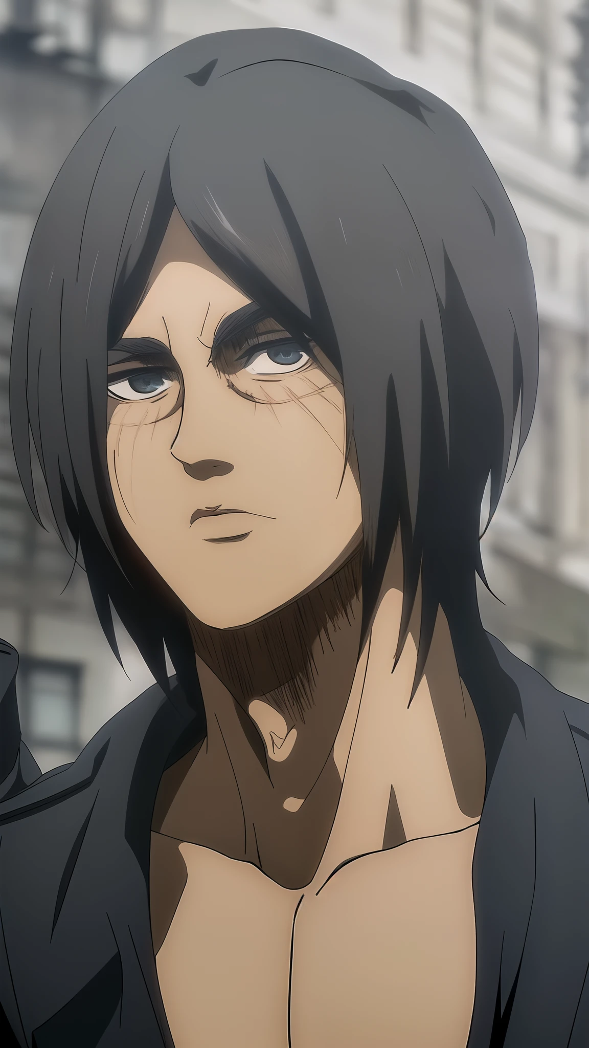 A close up of a person with a black shirt and a black jacket - SeaArt AI