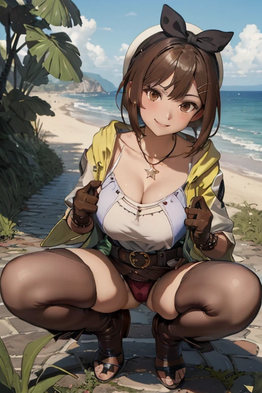 ((highest quality)), ((masterpiece)), (detailed), Perfect Face Liza Lynn Stout, Raisalin Stout, Swimsuit with side straps,
Big Ass,Big Breasts,glamorous_expensive_Tight waist_Long legs,curve,Thighs,curvy,
Glossy and realistic skin texture,Shiny skin,
Camel Toe,short hair,Brown Hair,Knee socks,gloves, brown gloves, 片手gloves,レザー gloves,
Star Necklace,hair ornaments, (Brown eyes:1.5), Hair Clip,
8k wallpaper, (figure:0.8), (Beautiful fine details:1.6),
非常にdetailedな顔, 非常にdetailedなCG,Sit down and spread your legs,Spread your legs,(Anatomically correct),(Perfect hands, Perfect Anatomy),
smile, Plants are overgrown,
cracked cobblestone,Mossy wall,
Sea view,coastal,