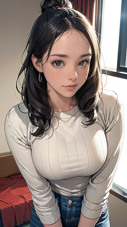 (masterpiece:1.2, best quality), (Practical, photoPractical:1.4), Fine quality illustrations, (Natural side light, Cinema Lighting), Written border depth, Beautiful thighs stare at the viewer, (Face focus, Upper Body), 1 female，20 years old，Solitary，（Background：hotels room） , Thin, slim, Long hair, curls, Hair Bun, forehead, forehead, forehead, forehead, Thin, slim, earrings, sweater, jeans, Standing, ((close up)), ((close up)), ((close up))