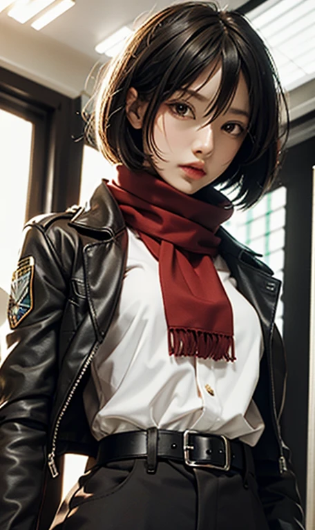 very highly detailed background, mikasa ackerman, shingeki no kyojin, 1girll, By bangs, obi strip, belt buckle, 黑The eye, Black hair, Brown belt, Brown jacket, Buckle, Formal shirts, Hair between both eyes, jaket, longer sleeves, Medium hair, Open your clothes,Open the jacket,Keep one's mouth shut,Heaven uniform,red neckchief,scarf,The shirt,solo person,standing on your feet,short detailed hair,Harnes,Three-dimensional electric equipment,White background,white shirt,wing collar,((tmasterpiece)),