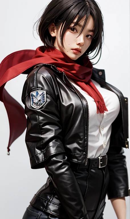 very highly detailed background, mikasa ackerman, shingeki no kyojin, 1girll, By bangs, obi strip, belt buckle, 黑The eye, Black hair, Brown belt, Brown jacket, Buckle, Formal shirts, Hair between both eyes, jaket, longer sleeves, Medium hair, Open your clothes,Open the jacket,Keep one's mouth shut,Heaven uniform,red neckchief,scarf,The shirt,solo person,standing on your feet,short detailed hair,Harnes,Three-dimensional electric equipment,White background,white shirt,wing collar,((tmasterpiece)),