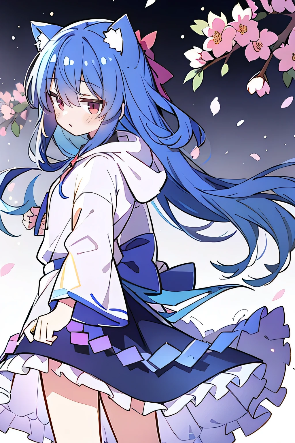 (masterpiece:1.2),Super detailed,lifelike,Expressive eyes,fair skin,perfect face shape,1 girl,
Japanese comics,Gorgeous blue hair,flowing blue hair,flowing clothes,Cat ears,Petals fall,beautiful lola,Baby Angel,
Shaking head with one hand,Cross your legs,Gentle and peaceful background,The pavilion is cool and comfortable,smile, wearing hoodie, background of tokyo,back views,snowing, winter.