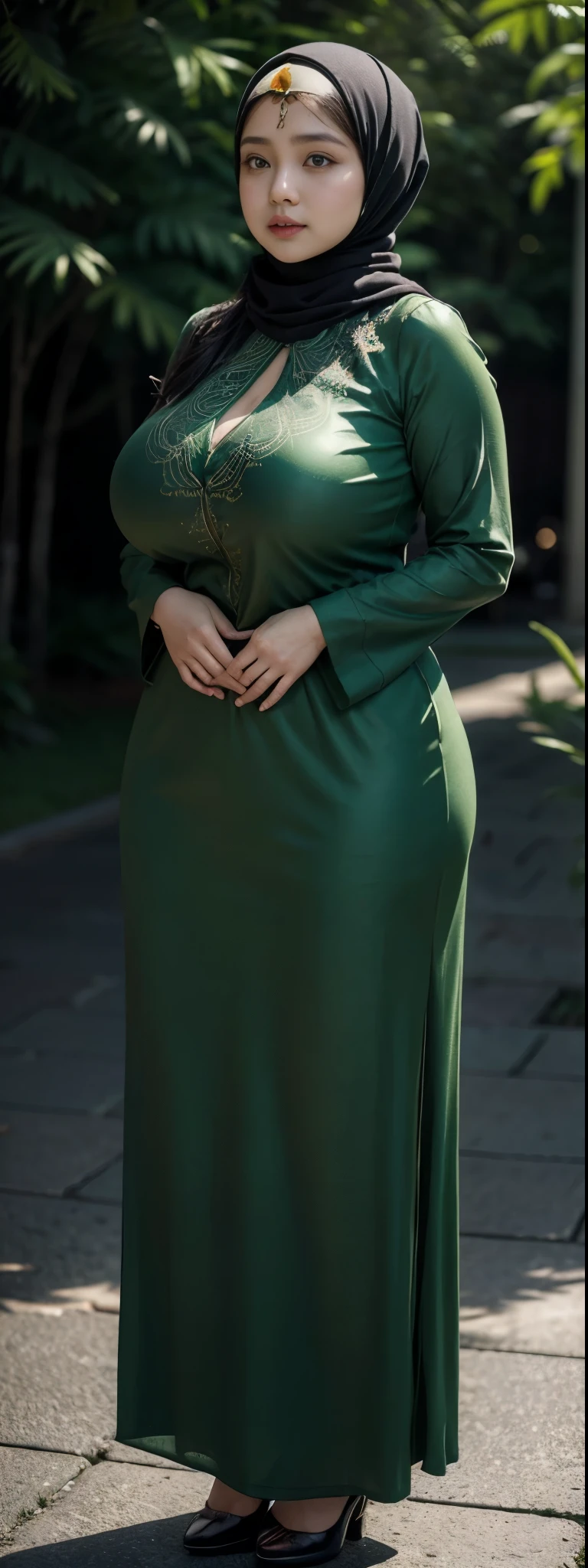 1 malay girl, modern plain hijab, shy, medium portrait, watery eyes, wearing dark green kebaya, ((big breasts)), black bokeh background, well-proportioned body,, chubby massive thighs, full body pose, Hena art on the body, hena art on full body, slightly fat body , voluptuous body , curvy body 