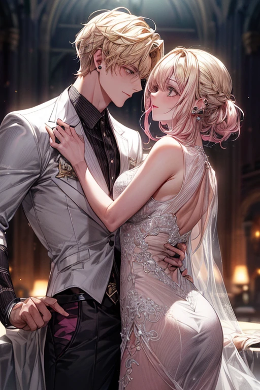 (((1 male:Left ear piercing,、((Blonde))、expensive、expensive、expensive、Handsome、refresh、Sturdy)))、(((1 Female:Pink Hair、length、short、Best Style、F Cup、See-through sexy dress、Beautiful woman)))、(((Couple、make out)))、{(highest quality, 8k, Tabletop, Hmph, Soft lighting, Perfect Image, Digital Illustration, Cartoon Art, Ultra-detailed images, Perfect Lines, )}、
