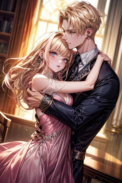 (((1 male:Left ear piercing,、((Blonde))、expensive、expensive、expensive、Handsome、refresh、Sturdy)))、(((1 Female:Pink Hair、length、short、Best Style、F Cup、See-through sexy dress、Beautiful woman)))、(((Couple、make out)))、{(highest quality, 8k, Tabletop, Hmph, Soft lighting, Perfect Image, Digital Illustration, Cartoon Art, Ultra-detailed images, Perfect Lines, )}、