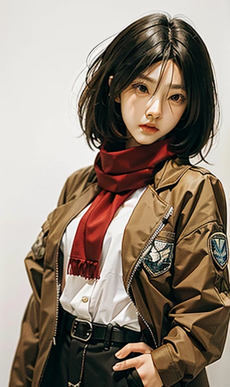 very highly detailed background, mikasa ackerman, shingeki no kyojin, 1girll, By bangs, obi strip, belt buckle, 黑The eye, Black hair, Brown belt, Brown jacket, Buckle, Formal shirts, Hair between both eyes, jaket, longer sleeves, Medium hair, Open your clothes，Open the jacket，Keep one's mouth shut，Heaven uniform，red neckchief，scarf，The shirt，solo person，standing on your feet，short detailed hair，Harnes，Three-dimensional electric equipment，White background，white  shirt，wing collar，（（tmasterpiece）），