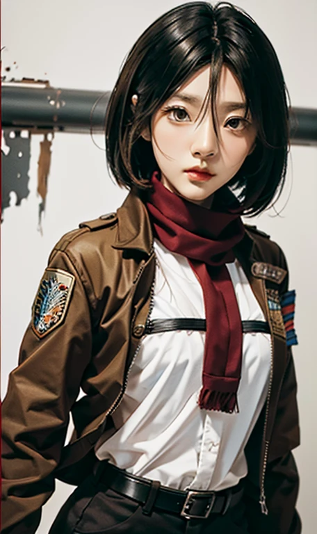 very highly detailed background, mikasa ackerman, shingeki no kyojin, 1girll, By bangs, obi strip, belt buckle, 黑The eye, Black hair, Brown belt, Brown jacket, Buckle, Formal shirts, Hair between both eyes, jaket, longer sleeves, Medium hair, Open your clothes，Open the jacket，Keep one's mouth shut，Heaven uniform，red neckchief，scarf，The shirt，solo person，standing on your feet，short detailed hair，Harnes，Three-dimensional electric equipment，White background，white  shirt，wing collar，（（tmasterpiece）），