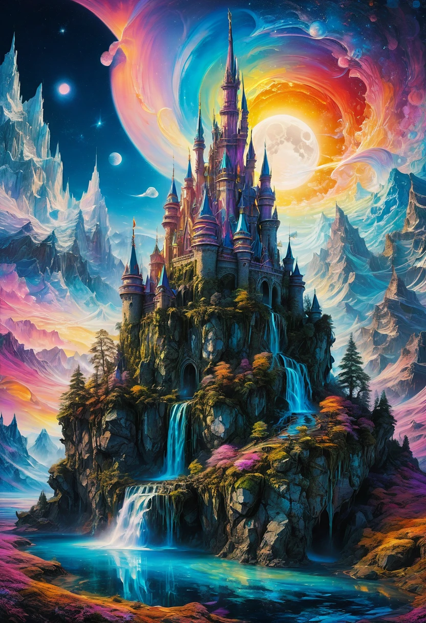 Dream Castle, aesthetic, Masterpiece, IcePunk! an rainbow ice castle made of rainbow ice sitting on top of an rainbow ice covered mountain :: magical moon shines overhead :: by Tim Burton Josephine Wall Monet Carne Griffiths :: 3d :: freeze time :: blue image :: dream :: it is emitting a bright glow :: frostbite :: the palace of AI :: gothic art :: magical realism :: fantasy castle :: surreal :: RAINBOW ICE"