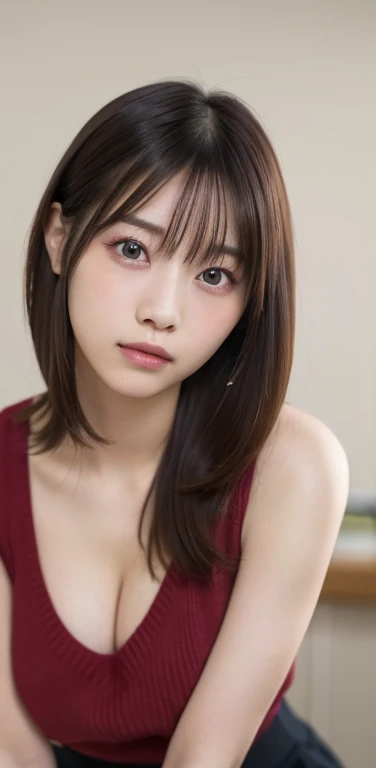 ((masterpiece)), ((highest quality)), (Very detailed), Head to Knee、((Very detailed)), (8k), highest quality, (beautiful), Genuineistic, Genuine, Dynamic Angle, Front view of a young and cute Japanese girl , Gorgeous appearance ,Long Bob Hair ,1 girl, alone, VNeck sweater, Micro Mini Skirt,Voluptuous thighs、 ((beautiful eyes)), Large Breasts、A little bit of cleavage is visible、 sad, Very cute face, Glossy Lips, Double eyelids on both eyes, Long eyelashes ,Natural Makeup, shiny smooth light brown hair of Long Bob Hair, Asymmetrical bangs, High resolution, Attention to detail, Detailed hairstyle,Round face、 Detailed face, Cinema Lighting, Octane Rendering, hyper Genuineistic, Perfect limbs, Perfect Anatomy、Odd Eye、The colour of the left and right eyes are different