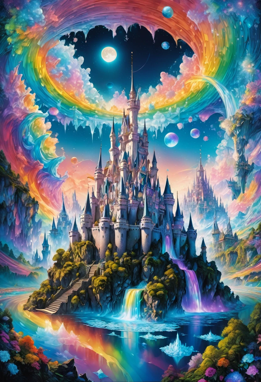 Dream Castle, aesthetic, Masterpiece, IcePunk! an rainbow ice castle made of rainbow ice sitting on top of an rainbow ice covered mountain :: magical moon shines overhead :: by Tim Burton Josephine Wall Monet Carne Griffiths :: 3d :: freeze time :: blue image :: dream :: it is emitting a bright glow :: frostbite :: the palace of AI :: gothic art :: magical realism :: fantasy castle :: surreal :: RAINBOW ICE"