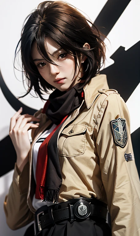very highly detailed background, mikasa ackerman, shingeki no kyojin, 1girll, By bangs, obi strip, belt buckle, 黑The eye, Black hair, Brown belt, Brown jacket, Buckle, Formal shirts, Hair between both eyes, jaket, longer sleeves, Medium hair, Open your clothes,Open the jacket,Keep one's mouth shut,Heaven uniform,red neckchief,scarf,The shirt,solo person,standing on your feet,short detailed hair,Harnes,Three-dimensional electric equipment,White background,white shirt,wing collar,((tmasterpiece)),