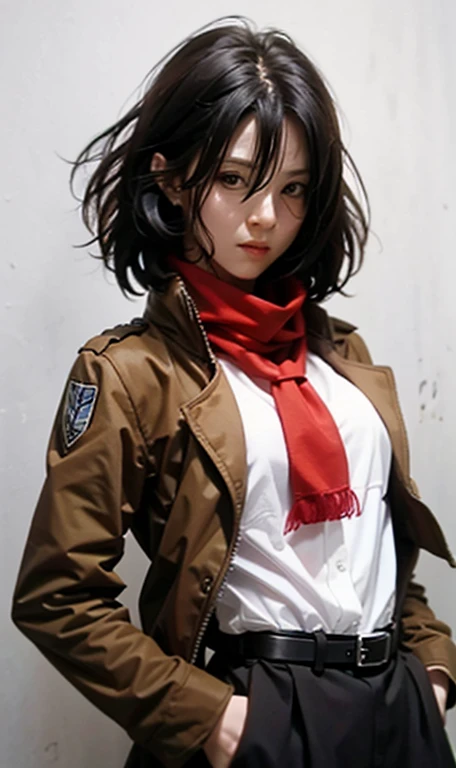 very highly detailed background, mikasa ackerman, shingeki no kyojin, 1girll, By bangs, obi strip, belt buckle, 黑The eye, Black hair, Brown belt, Brown jacket, Buckle, Formal shirts, Hair between both eyes, jaket, longer sleeves, Medium hair, Open your clothes，Open the jacket，Keep one's mouth shut，Heaven uniform，red neckchief，scarf，The shirt，solo person，standing on your feet，short detailed hair，Harnes，Three-dimensional electric equipment，White background，white  shirt，wing collar，（（tmasterpiece）），
