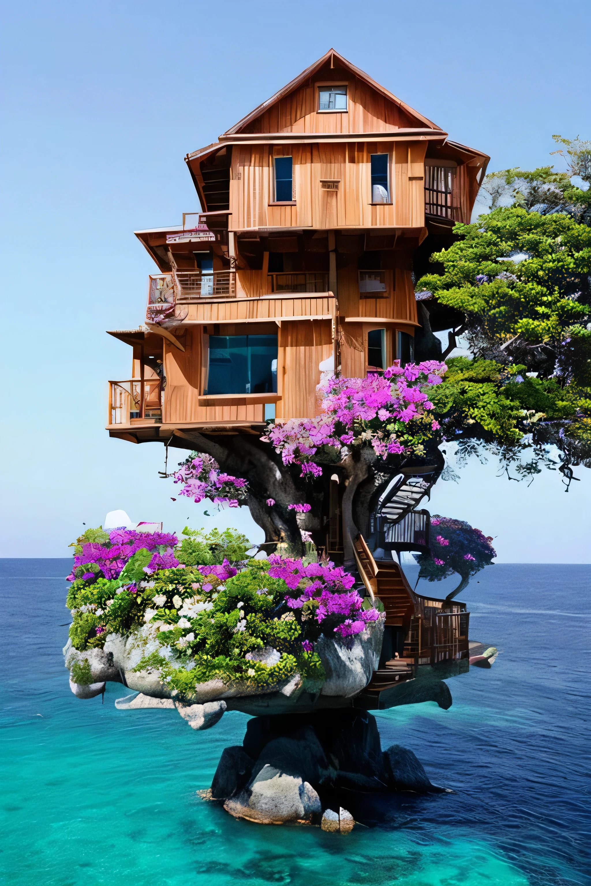 Perfection The Coolest tree house on a large rock in the middle of the sea with flowers in front of the house and trees on both sides of the house
