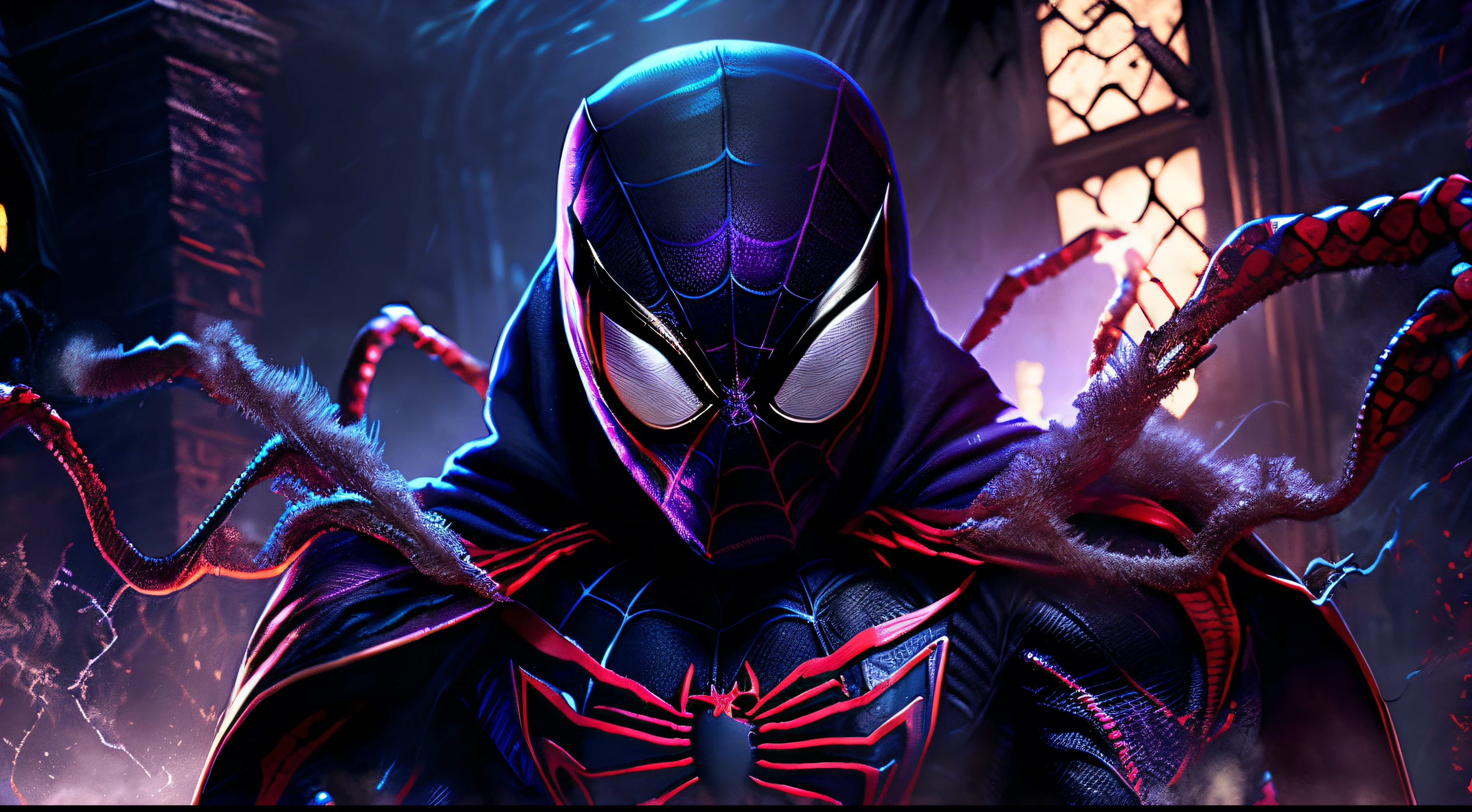 fechar-se ( Venom of Spider-Man wearing a Marvel witch costume in gothic style: 1.3) emergindo do castelo das bruxas, extremamente detalhado, smoke, sparks, Lascas de metal, Detritos voadores, Volumetric light