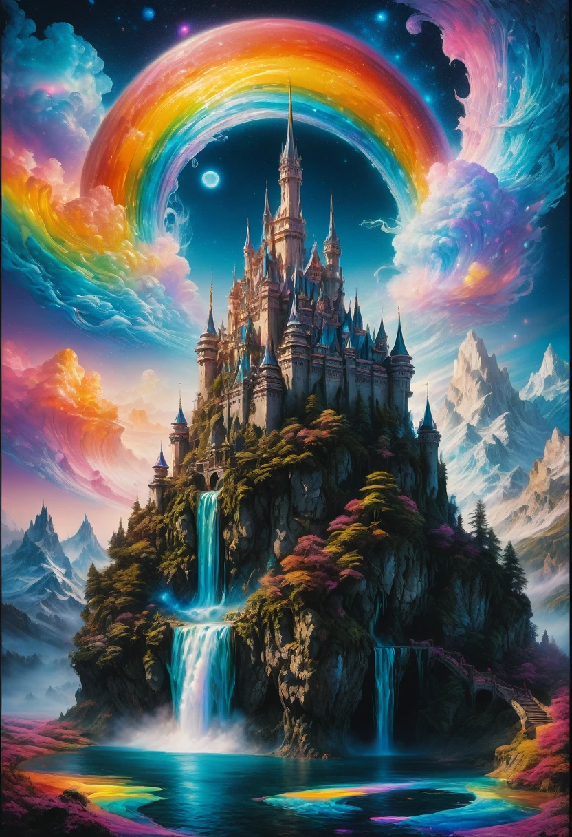 Dream Castle, aesthetic, Masterpiece, IcePunk! an rainbow ice castle made of rainbow ice sitting on top of an rainbow ice covered mountain :: magical moon shines overhead :: by Tim Burton Josephine Wall Monet Carne Griffiths :: 3d :: freeze time :: blue image :: dream :: it is emitting a bright glow :: frostbite :: the palace of AI :: gothic art :: magical realism :: fantasy castle :: surreal :: RAINBOW ICE"