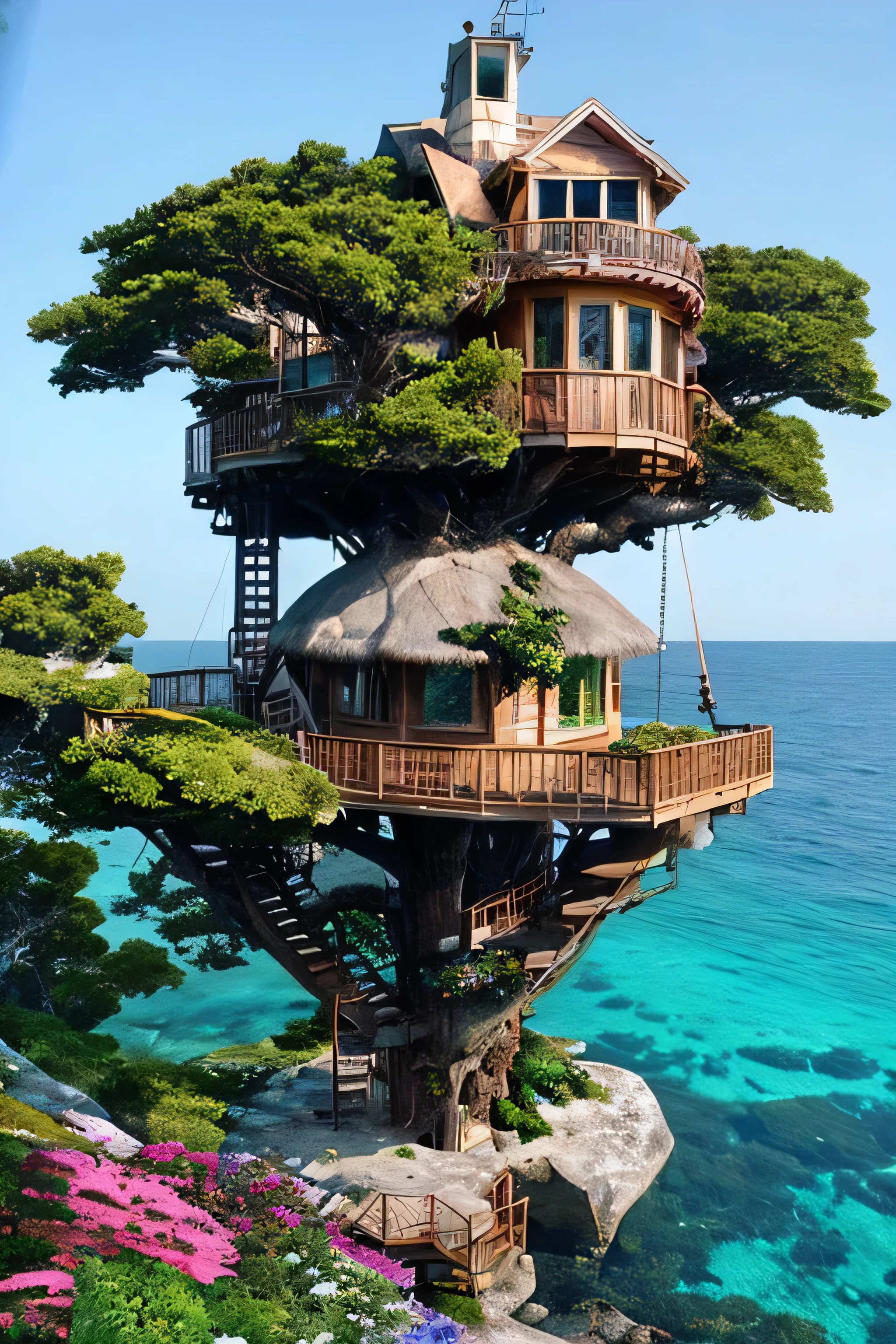 Perfection The Coolest tree house on a large rock in the middle of the sea with flowers in front of the house and trees on both sides of the house
