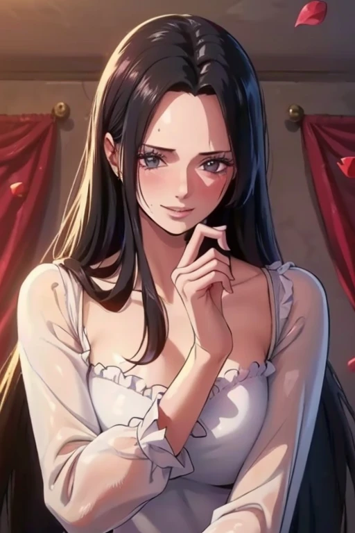 best quality, masterpiece, highly detailed,1girl,  ((rose)), (vine), cage, bandage, red rope, (detail light), falling rose petals, Boa Hancock, , (masterpiece:1.5), Detailed Photo, Smiling, Sexy, (8K, Best Quality: 1.4), (1girl), Beautiful Face, (anime realistic Face), (Black Hair, long Hair: 1.3), Beautiful Hairstyle, Realistic eyes, beautiful detail eyes, (white skin), beautiful skin, absurd, attractive, ultra high resolution, ultra realistic, high definition, golden ratio, (sexually aroused:1.5), Pinkish white skin, cool white light, sexy pose, Beautiful , white background, pink soft white light, Wear a white dress