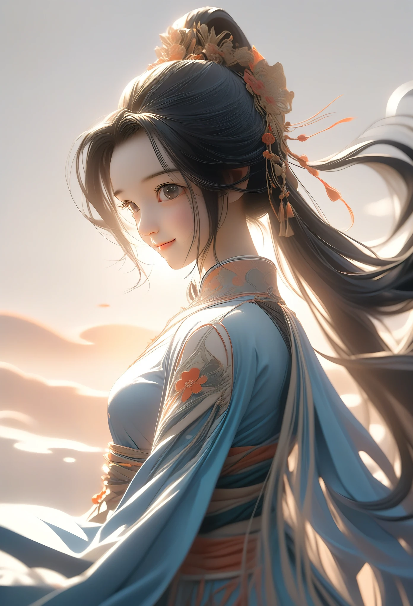 A little girl looking back at the camera, 3/4 angle, side view, close-up, smile, black long hair, black Hanfu, Tang suit, natural light, side light, sunset, 3D, C4D, OC rendering, Chinese style illustration, futuristic style, - ar 9:16- niji 5