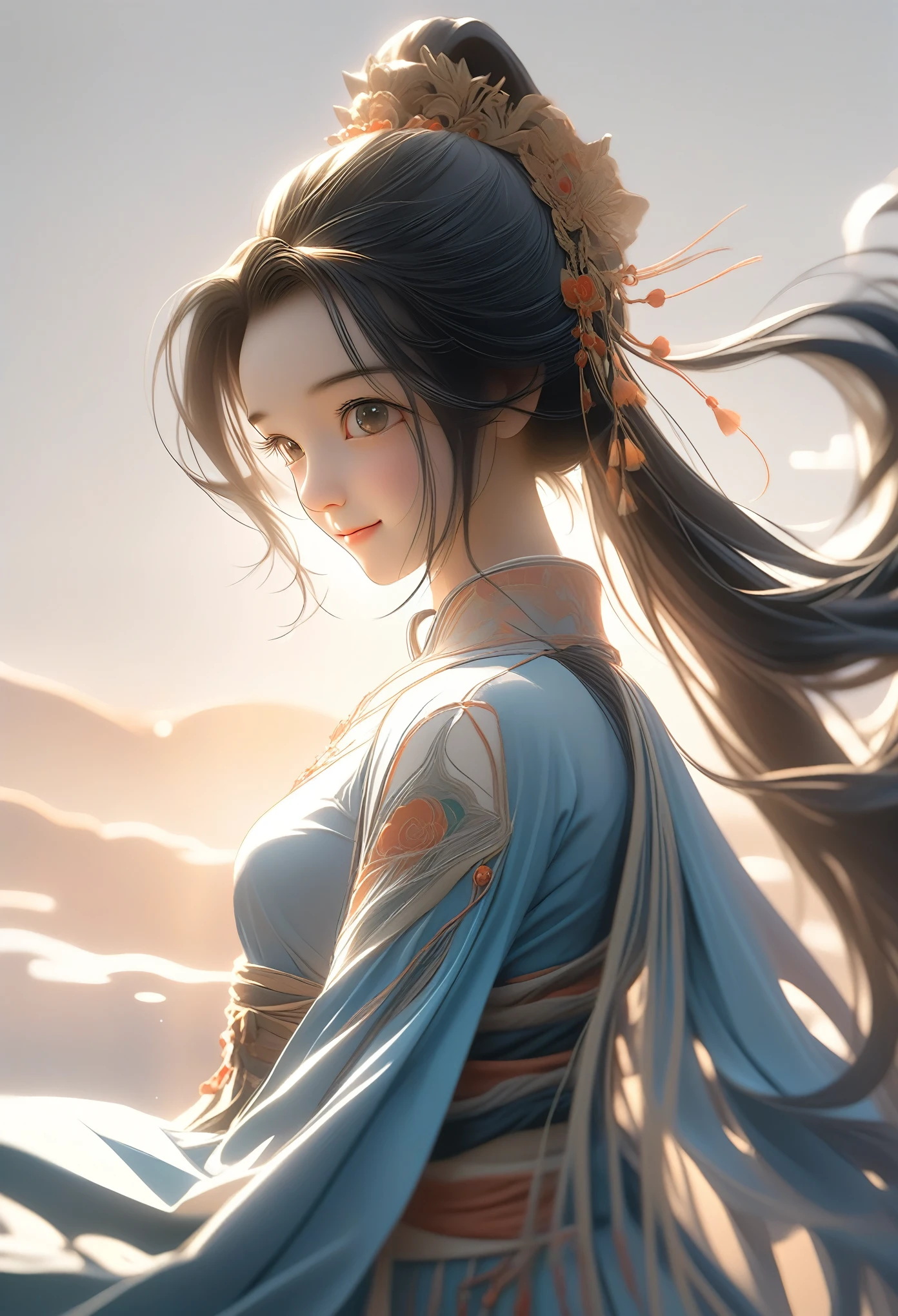 A little girl looking back at the camera, 3/4 angle, side view, close-up, smile, black long hair, black Hanfu, Tang suit, natural light, side light, sunset, 3D, C4D, OC rendering, Chinese style illustration, futuristic style, - ar 9:16- niji 5