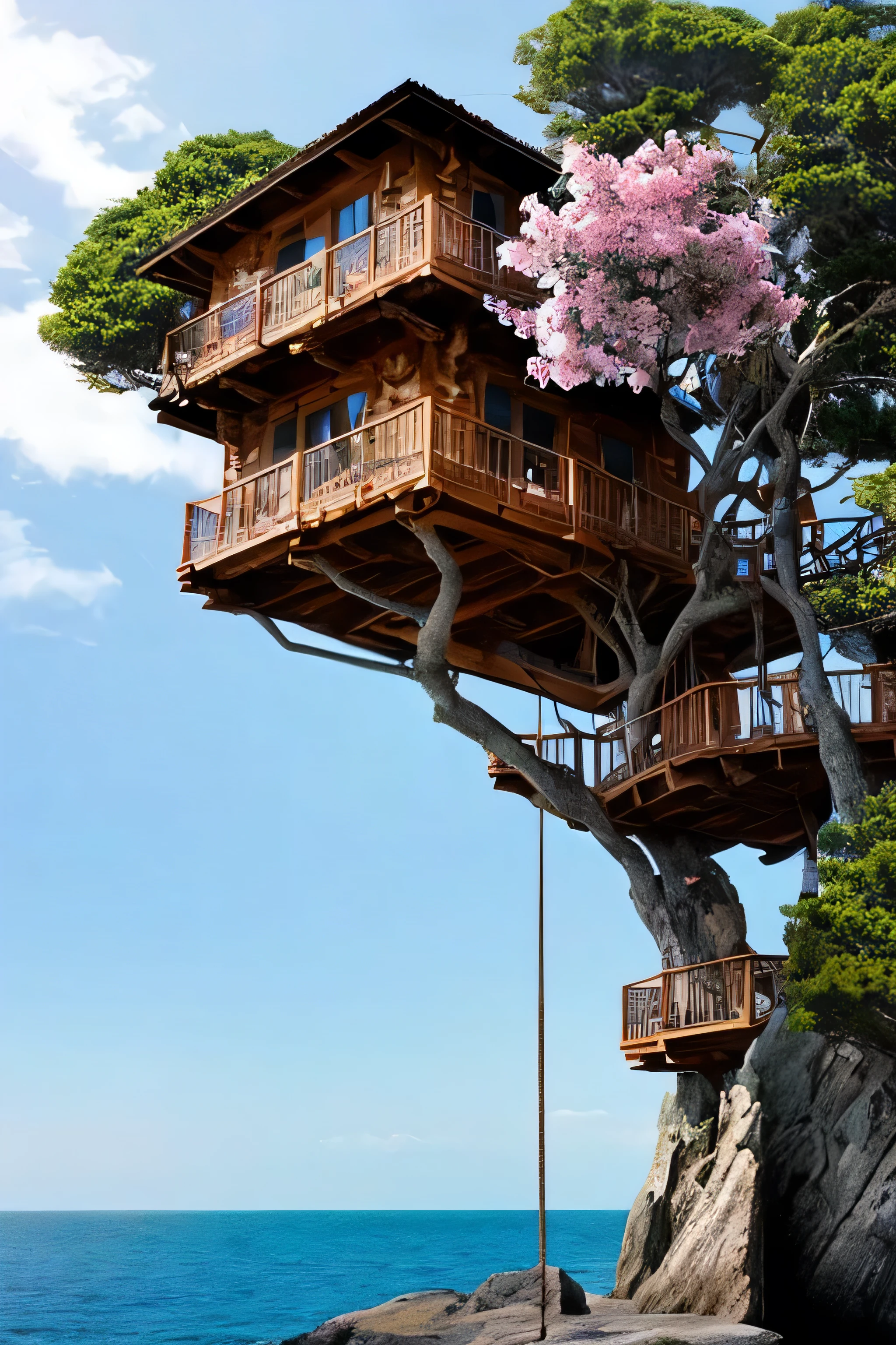 Perfection The Coolest tree house on a large rock in the middle of the sea with flowers in front of the house and trees on both sides of the house
